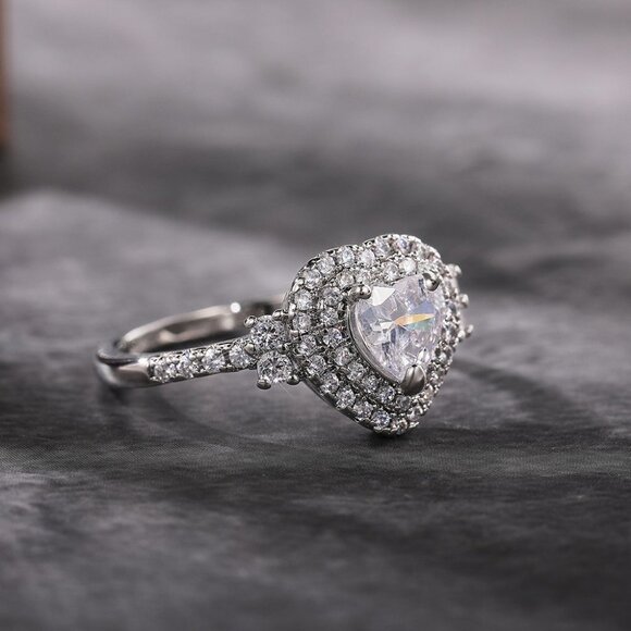 😍Diamond Heart CZ Shiny 14k White Gold Luxury Macro Pave Ring for Women, K852 - Picture 10 of 13